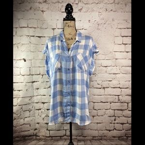 Blue and white plaid tunic button up top